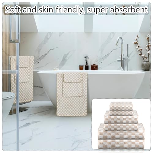 Kinlop 6 Pcs Checkered Bath Towels Set Back to School Lightweight Coral Washcloth Quick Dry Patterned Thin Coral Fleece Hand Towel for Bathroom Gym Spa Beach Accessory(Beige,Checkered) - color: Beige, style: Checkered