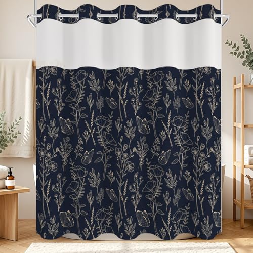 No Hook Shower Curtain with Snap in Liner Set, Dark Boho Navy Gold Forest Botanical Floral Neutral Pretty Waterproof Fabric Shower Curtain for College Dorm Hotel Apartment Bathroom Bathtub, 71x74 Inch - color: Line Floral