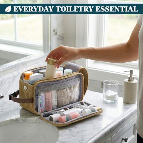 PAVILIA Toiletry Bag for Men, Canvas Dopp Kit, Travel Essentials Organizer, Water-Resistant Shaving, Grooming Kit, Large Hanging Bathroom Accessories Cosmetic Bag, Tan Khaki - color: Khaki, size: Large (10.5x 5.5x 6)