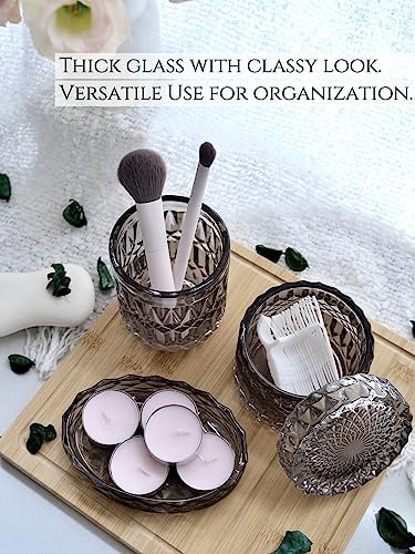 LaMarriti Gray Bathroom Accessories Set, 5Pcs Glass Bathroom Set, Soap Dispenser and Toothbrush Holder Set, Soap Dish, Q-Tips Holder Set, Black and Gold Accent for Vintage Bathroom Decor - style: Grey black