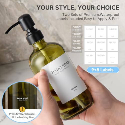2 Pack Kitchen Soap Dispenser Set - 16oz Green Glass Dish and Hand Soap Dispenser with Stainless Steel Pump, Instant Dry Tray, Dish Brush & Holder, Refillable Countertop Sink Decor for Kitchen & Bath - color: Green