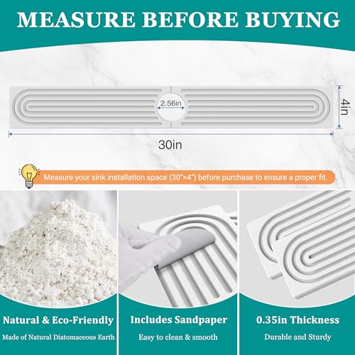 Stone Faucet Mat for Kitchen Sink - Quick Dry Diatomite Sink Splash Guard, Prevents Moisture Buildup & Water Stains, Water Absorbing Stone Tray for Bathroom Countertop (White, 30" x 4") - color: White, size: 30" x 4"