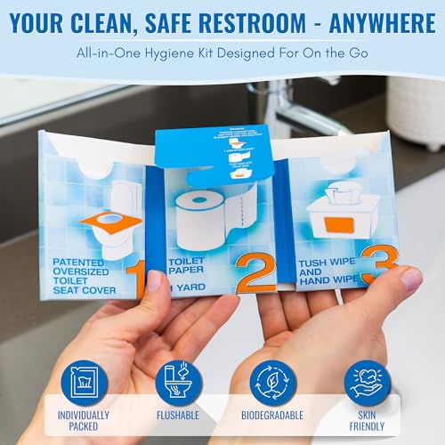 The Restroom Kit Great for travel (12-Pack) Portable Disposable Oversized Toilet Seat Cover, 3ft 3Ply Toilet Paper, Hand & Flushable Tush Wipe. - color: Blue, size: 12 Count (Pack of 1)