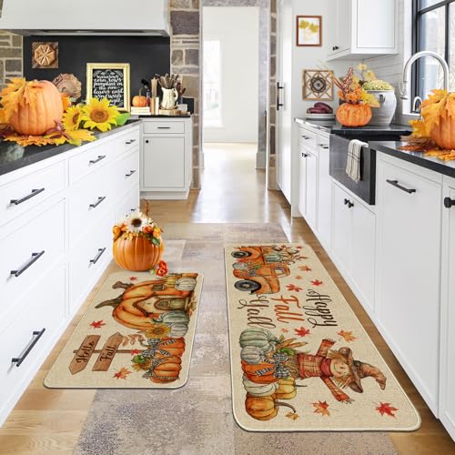 Fall Kitchen Mats, Farmhouse Truck Fall Kitchen Decor for Floor - Pumpkins House Kitchen Rugs Set of 2 - 17"x27"+17"x47"