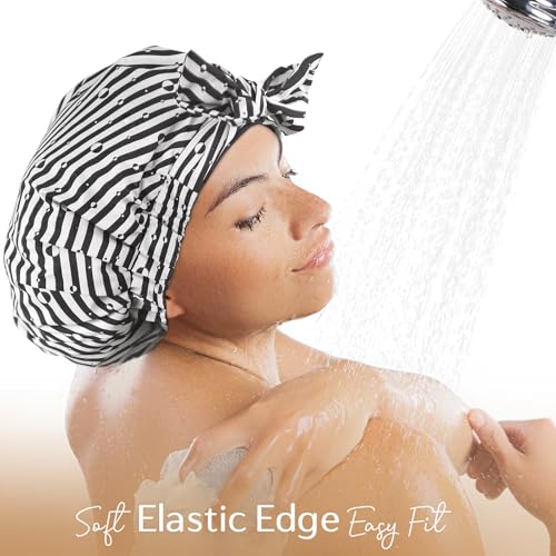 Yanibest Shower Cap for Women Reusable Waterproof, Adjustable Non-Slip Shower Hair Cap, Washable Bath Hat - color: Stripe
