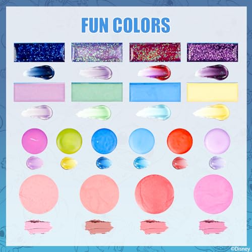 Stitch All-in-One Kids Cosmetic Compact Set Includes Washable Lip Gloss, Eye Shimmer, Cheek Shimmer, Brushes Colorful Portable Beauty Set for Girls, Tweens, by Townley Girl
