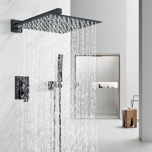 Shower Faucet Matte Black Shower System with 12 Inches Rain Shower Head and Handheld Spray Bathroom Luxury Rain Shower Faucet Set Complete Wall Mounted - color: Matte Black, size: Matte Black-12