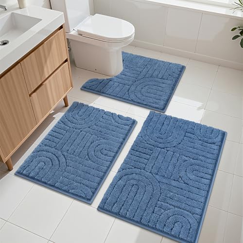 Vaukki Bathroom Rugs Sets 3 Piece, Blue Washable Non Slip Soft Bath Mats for Shower and Tub, Plush Absorbent Microfiber Toilet Rug U Shaped, 32x20+26x18+24x20 Inch - color: Blue, size: 18''x26''+20''x32''+20''x24''