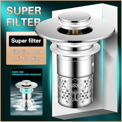 2Pcs Bathroom Sink Stopper with Hair Catcher, Pop Up Sink Drain Filter with Removable Stainless Steel Filter Basket Hair Catcher, for US 1.1''-1.417'' Drain, for Bathroom Sink Stopper Replacement