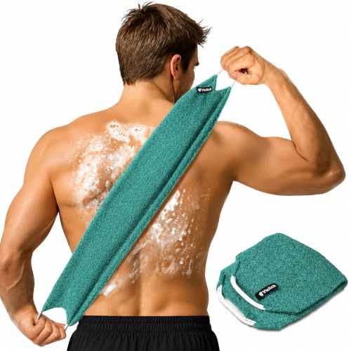 Yiclick Exfoliating Washcloth Towel with Handle, Back Scrubber for Shower, Exfoliating Body Scrubber Exfoliator, Japanese Wash Cloth for Body Scrub, Bath Sponge Loofah Luffa Washer Exfoliator - color: Teal