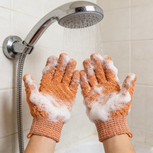 Exfoliating Bath Gloves 2 Pairs - Heavy Texture Body Scrub Gloves for Shower, Spa, Massage and Body Scrubs, Dead Skin Remover, Washing Gloves with Hanging Loop(Orange) - color: Orange