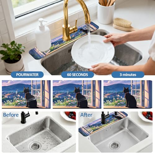 2 Pcs Kitchen Sink Splash Guard Faucet Mat Windowsill Cat Pattern Faucet Mat for Sinks Flower Absorbing Drying Mats for Kitchen Bathroom - color: Windowsill Cat Pattern