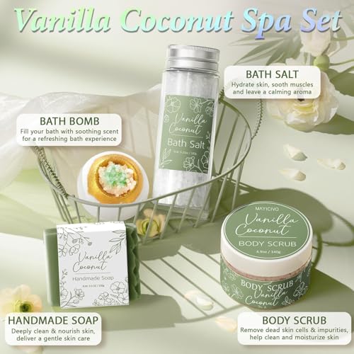 Spa Gifts for Women Bath Gift Set, Vanilla Coconut Spa Gift Baskets Home Bath Set Self Care Kit Care Package Thank You Birthday Mothers Day Easter Gifts for Women Mom Her Friends Sister Teen Girl Wife - color: Sage Green-Vanilla Coconut