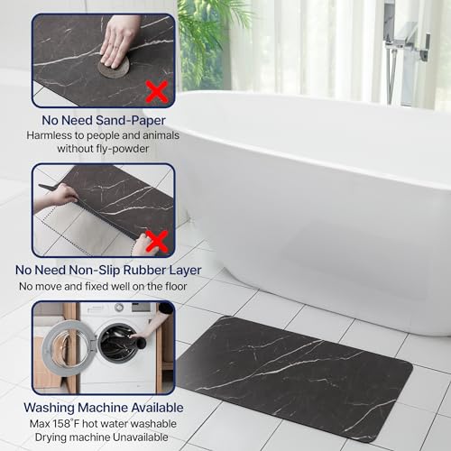 Aureo Super Absorbent Diatomaceous Bath Mat, Quick Dry, Soft Non-Slip Rug for Bathroom, Kitchen, Entryway, Easy Clean, Marble Design, 27.55" x 15.74", Black