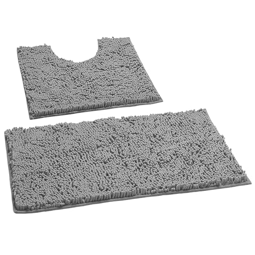 LuxUrux Soft Chenille Area Rug Set, 2 Piece Sets, U-Shape Contoured Toilet Base Mat & 31x20 Mat, Absorbent Washable Mats, Microfiber Dries Quickly, Bath Rugs for Tub, Light Grey. - color: Light Grey, size: 2 Piece Set