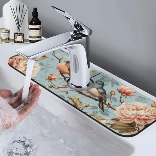Faucet Draining Mat For Kitchen Sink, Blue Birds Peonies Flowers Diatom Mud Absorbent Drain Pad For Bathroom Kitchen Sink Splash Guard Drying Mat - color: Blue Birds Peonies Flowers