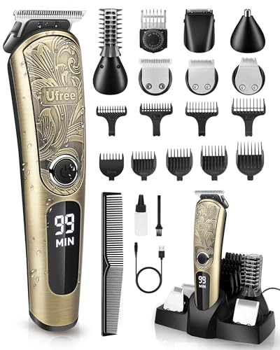 Ufree Gifts for Men, Beard Trimmer with Charging Stand, IPX7 Waterproof Electric Razor Shavers for Men, Clippers for Hair Cutting, Mens Grooming Kit for Mustache Nose Facial Body - color: Gold