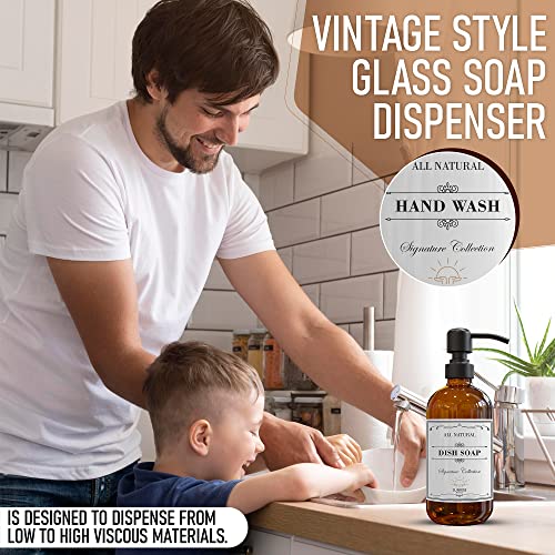 Sunrise Premium 2 Pack Amber Glass Soap Dispenser 16 OZ with Matte Black Stainless Steel Pump, Hand and Dish Soap Dispenser Set for Bathroom and Kitchen Sink with 6 Waterproof Labels - color: Matte Black Ss Pump - Amber Glass