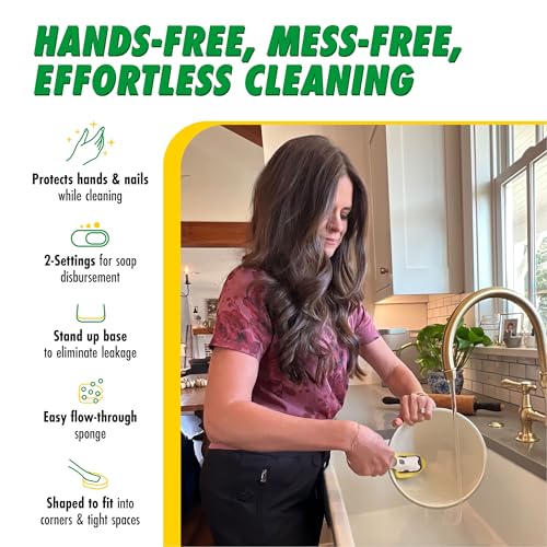 Libman Dishmatic I-Stand Dish Wand Kit, Kitchen Cleaning Scrub Brush with Handle and Soap Dispenser for Scrubbing and Washing Dishes, Refillable Standing Dispensing Scrubber Brushes, 3 Sponge Refills - style: Dish Wand Kit