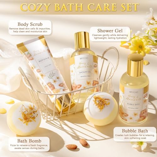 Mothers Day Birthday Gifts for Women, Honey & Almond Milk Relaxing Spa Gift Baskets for Women Self Care Package Bath Gift Set, Home Bath and Body Kit Pamper Gifts for Womens Her Mom Friends Sister - color: Gold-Honey & Almond milk