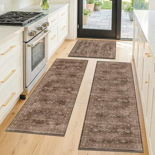 JTJ 3-Piece Kitchen Rug Set with Runner, Washable Non-Slip Farmhouse Kitchen Mats for Sink, Floor, Entryway, Hallway & Laundry Room, Low Pile Distressed Vintage Floor Rugs, Brown - color: Brown