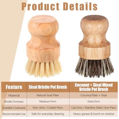 Nuenen 6 Packs Bamboo Dish Scrub Brushes Wooden Scrubbers Set Kitchen Dishwashing Scrubber with Natural Sisal Bristles for Iron Pot Pan Sink(Sisal) - size: Coconut Palm