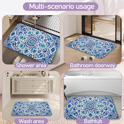 Blue Flower Bathroom Rug, Rapid Dry Absorbent with Non-Slip Rubber Base Bath Mats for Bathroom 17"x30" - color: Blue Flower