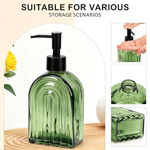 Elegant Green Glass Soap Dispenser with Black Pump | 400ML Modern Bathroom & Kitchen Dispenser for Hand Soaps, Lotions, Essential Oils - color: Green