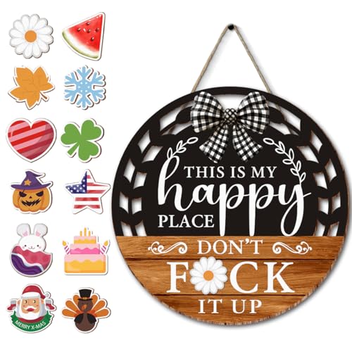 Interchangeable Seasonal Happy Place Hanging Sign - Farmhouse Backyard Door Decoration for Spring All Seasons Holidays - Rustic Round Wood Wreaths with 12 Icons(Orange) - color: HAPPYorange