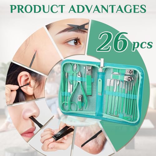 MINKINH Travel Manicure Set 26-Piece, Portable Nail Clippers Kit with PU Case, Carbon Steel Clippers, 410 Stainless Steel Grooming Tools, Hand Foot Facial Care for Luggage Backpack（Green） - color: Green