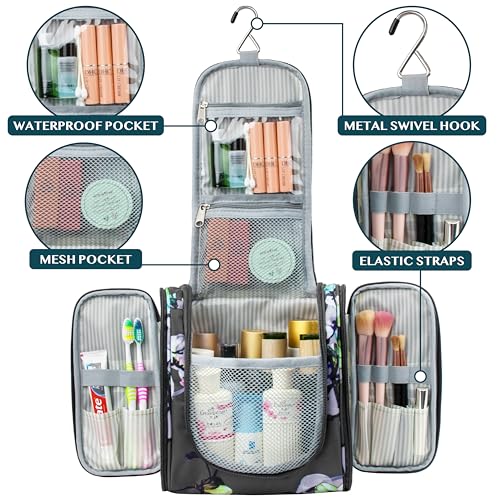 PAVILIA Toiletry Bag Travel Bag for Women Men, Hanging Cosmetic Organizer, Water Resistant Makeup Bag for Accessories Toiletries, Large Travel Essentials Kit (Floral Grey) - color: Floral Grey, size: Standard (9x4x9)