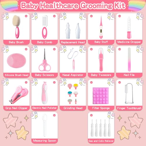 28 in 1 Baby Healthcare and Grooming Kit, Infant Baby Nursery Kit Electric Nail Trimmer Set with Gas Colic Passer Nasal Aspirator Nail Clipper Hair Brush Comb for Newborn Girls Boys (Pink) - style: 28 Kits-Pink