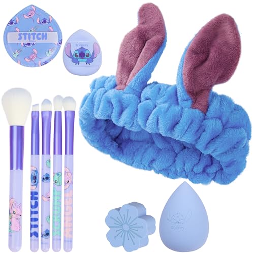 Get Trend Disney Stitch Makeup Brush and Sponge Set for Girls, Teens with Headband Powder Puffs Soft Brushes and Beauty Sponges, Gifts for Girls (Blue Stitch) - color: Blue Stitch