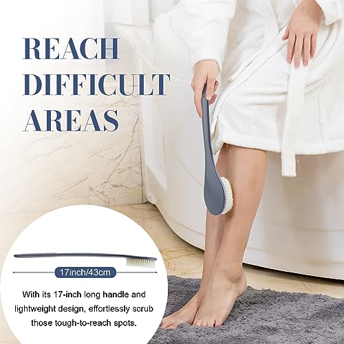 Back Scrubber for Shower, Shower Body Brush for Cleaning with Long Handle for Showering, 17 Inch Back Washer Exfoliator for Shower Men Women with Non-Slip Handle, Adhesive Hook (Gray) - size: Gray - Artificial Bristles