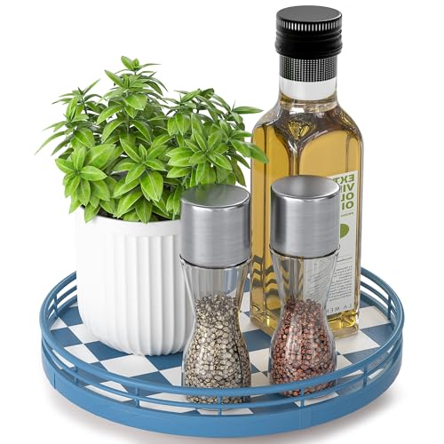 Premium Rubber Wood Lazy Susan Turntable, Blue White Checkerboard Decorative Serving Tray, Hand-Welded Metal Railing, Stable Rotating Organizer for Dining Table, Kitchen Counter, Coffee Table Decor - color: Blue & White, size: 9 inches