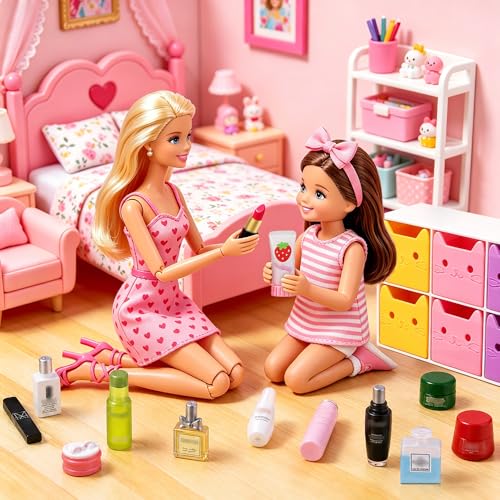 DIYDEC 92Pcs Dollhouse Mini Jewelry Storage Case Cosmetic Hand Bag Miniature Bathroom Accessories with Makeup Set Towel Cosmetic Toothbrush Shampoo Glasses Slippers Earphones Doll Backpack Micro Scene - color: Dollhouse Cosmetic Case