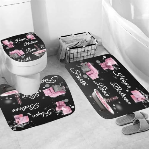 4 Piece Shower Curtain Set with Rugs, Inspirational Quotes Hope Believe Love Faith Bathroom Decor, Pink and Black Chic Aesthetic Bath Curtain with 12 Hooks, Non-Slip Mat - color: Pink Bath