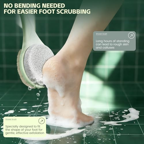 Back Scrubber for Shower, Long Handle Exfoliating Brush, Dual-Sided Bath Brush with Soft Bristles & Volcanic Pumice Stone, Anti-Slip Grip for Men & Women (Green) - color: Greenb