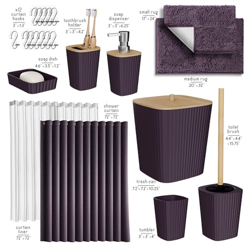 Clara Clark Bathroom Accessories Set - Bathroom Set, Bathroom Sets with Shower Curtain and Rugs, Shower Curtain Set with Trash Can - Purple - 22PC - color: Purple, size: Complete Set + Bath Rugs