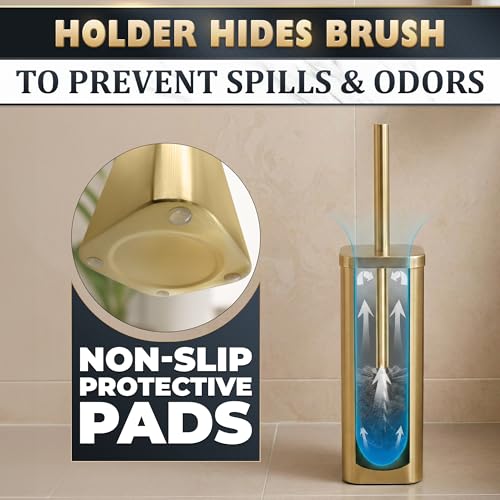 Gold Toilet Brush with Square Holder - Toilet Brush and Holder Set Gold, Stainless Steel Handle with Splash Shield, Replaceable Head and Removable Inner Cup - Freestanding Bathroom Toilet Cleaning Set - color: Gold Rounded Square