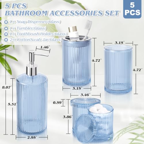 Blue Glass Bathroom Accessories Set 5 Piece, Vintage Ribbed Soap Dispenser, Toothbrush Holder, Tumbler, Qtip Jars, Cute Aesthetic Vanity Organizer for Home, Restroom Countertop Decor - color: Blue, size: 5 Pieces