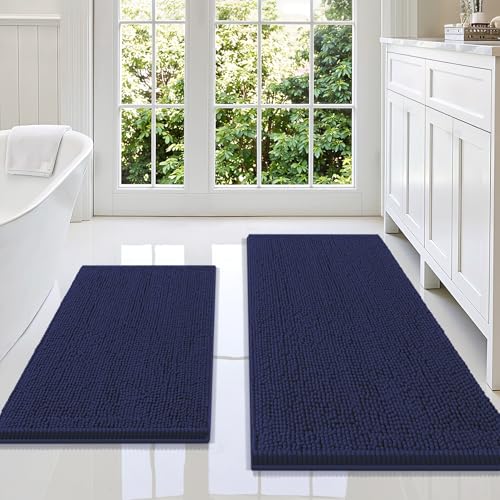 Smiry Bathroom Rugs Sets 2 Piece, Soft Absorbent Chenille Machine Washable Non Slip Shaggy Bath Rug Set for Tub, Shower, and Floor (47x20+30x20, Navy Blue) - color: Navy Blue, size: 47"x20"+30"x20"