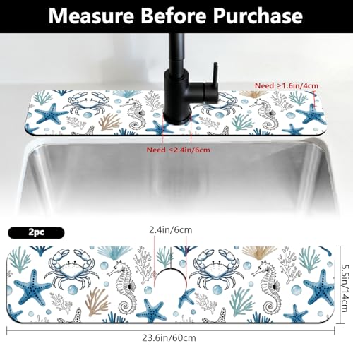 2 Pcs Summer Kitchen Sink Splash Guard Faucet Mat Marine Animals Faucet Mat for Sinks Absorbing Drying Mats for Kitchen Bathroom, 23.6x5.5inch - color: Marine Animals