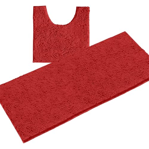 LuxUrux Red Bathroom Rug Set 2‑Piece, 27x47 Bath Mat + 20x20 Contour Toilet Rug, Festive Holiday Bathroom Decor, Non‑Slip Washable Absorbent Mats - color: Red, size: 2 Piece Set - X Large