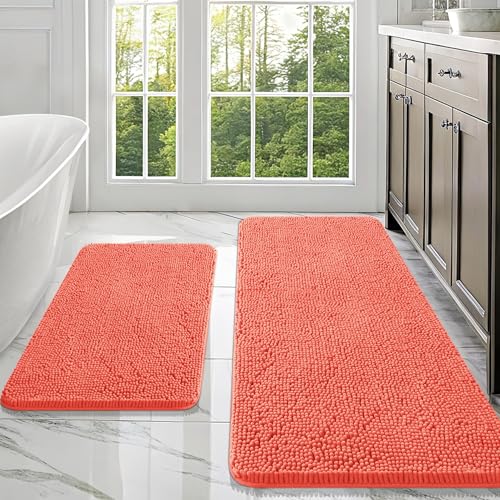 OLANLY Bathroom Rugs Sets 2 Piece, Soft Absorbent Chenille Bath Mats Area Rug Set, Non-Slip, Quick Dry, Machine Washable Bath Mats for Bathroom, Home Decor Accessories (47"x20"+30"x20", Coral) - color: Coral, size: 47" X 20" + 30" X 20"