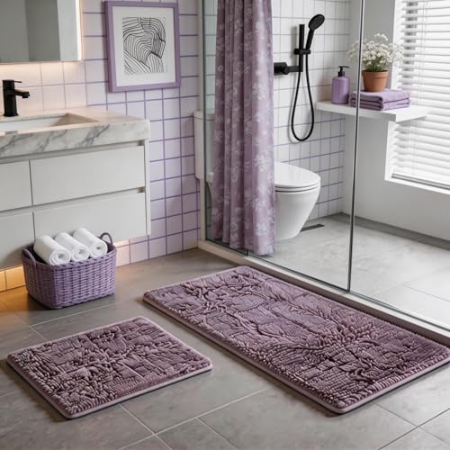 Chenille Bath Mats Set 2 Piece Non-Slip Luxury Bath Runner Rugs Extra Soft Absorbent Shaggy Washable Dry Plush Area Carpet Mats - Lavender - color: Lavender, size: 32"L x 20"W + 24"L x 16"W
