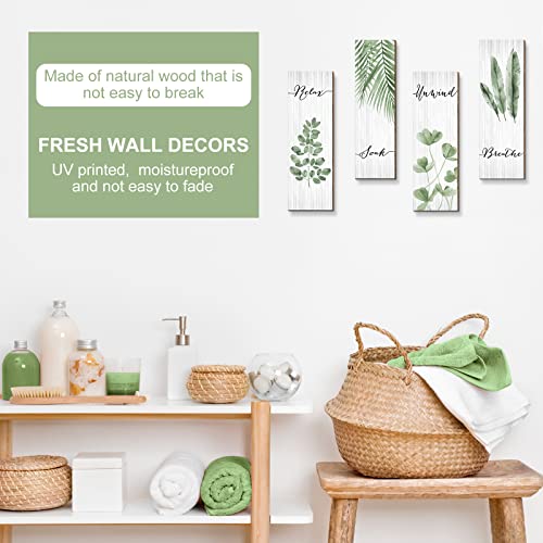 Yookeer Botanical Bathroom Wall Art Decor 4 Pieces Relax Soak Unwind Breathe with Boho Leaf Print Minimalist Sign Wooden Hanging Wall Art Decor for Farmhouse Home Bathroom(15.7 x 5.2 In,Green) - size: 15.7 x 5.2 Inch