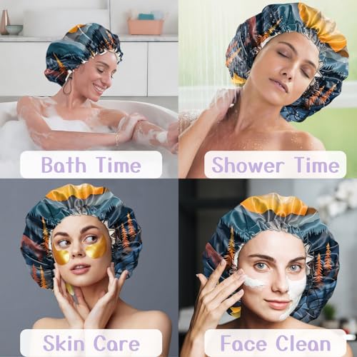 Luxury Shower Cap Silk Satin Lined Waterproof Reusable Adjustable Elastic Dry Hair Bathing Caps Cute for Women Girls-Sunset - color: C-12-Sunset