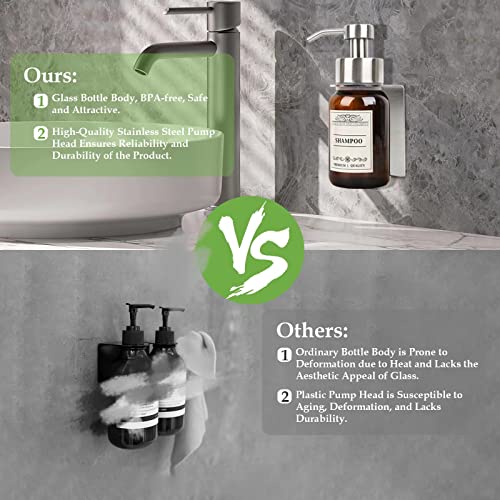 2Pack 8.5oz Brown Glass Bathroom Shampoo Dispenser, Silver Mount | Drill or no-drill setup with screws & adhesive patches; leakproof conditioner pumps for shower or RV. - color: Silver Set of 2