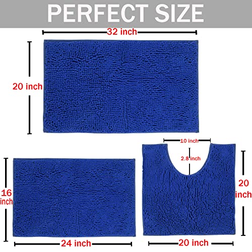 RUN HELIX Royal Blue Chenille Bath Mat Set, 3 Piece, High Pile, Tufted, Machine Made, Non Slip, Absorbent, Fluffy, Washable, Bathroom - color: Blue Royal, size: 16" x 24" + 20" x 32"+ 20" x 20" U shape
